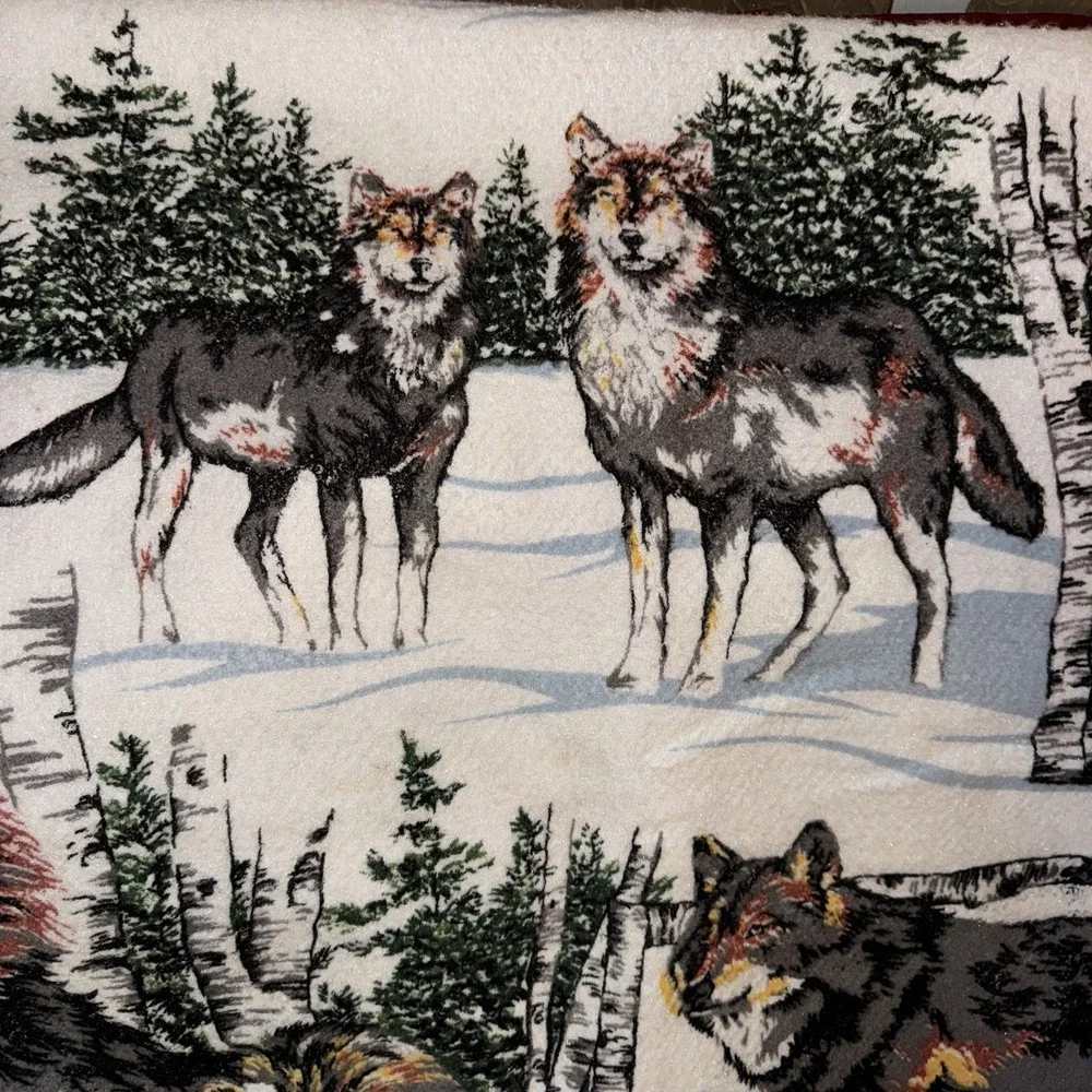 Vtg Blanket Wolves Acrylic Stiff Winter Wooded Scene Birch Trees 60 X 86